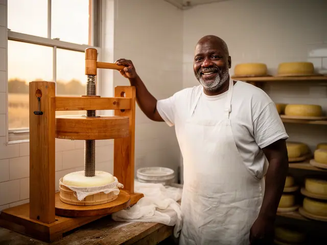 A man with a shaved head beside new equipment in a small farmstead cheese creamery.
