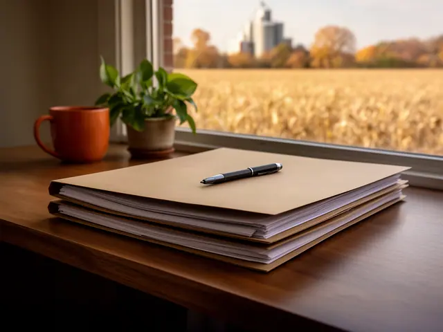 A neat stack of closed manila folders and a pen on a desk by a window.