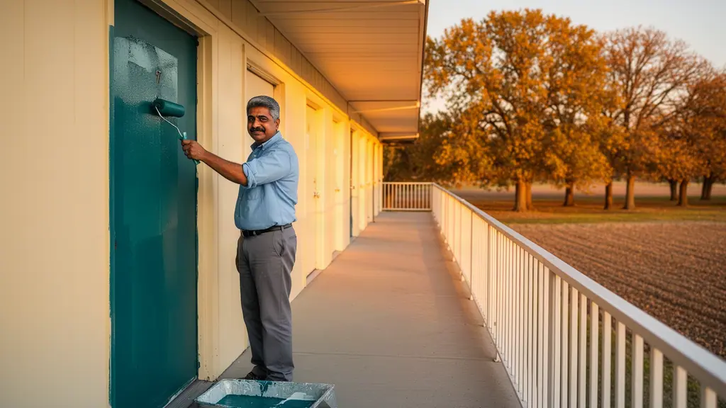 A man with short graying black hair who owns a small independent two-story motel at work.