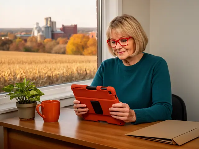 A woman with a short blonde bob and red-framed glasses reviewing a tablet at a desk in a small back office.